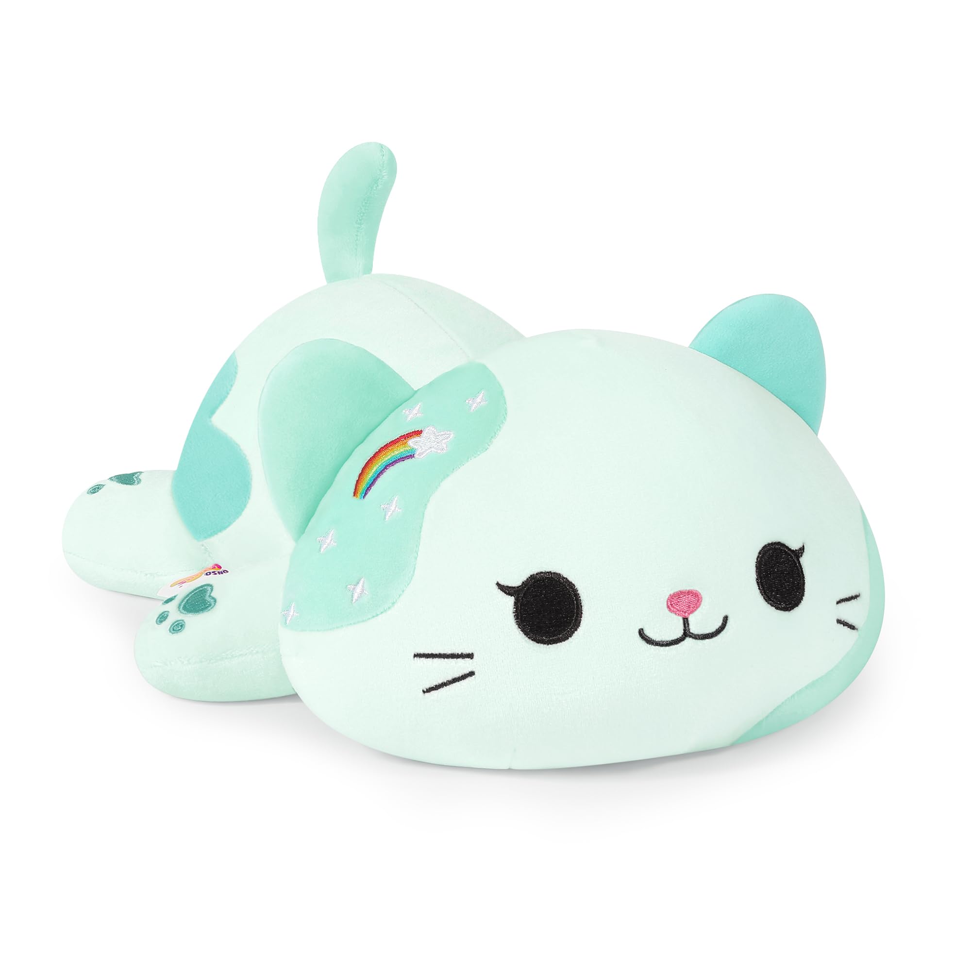 Onsoyours Rainbow Cat Plush full view highlighting bright rainbow accents for cozy playtime