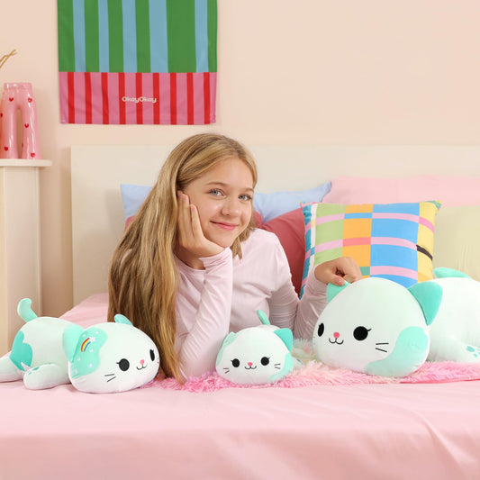 Onsoyours Rainbow Cat Plush side view emphasizing soft, huggable body for comforting companionship