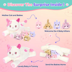 Pink Sakura cat plush with unzip belly revealing four kittens for interactive fun.