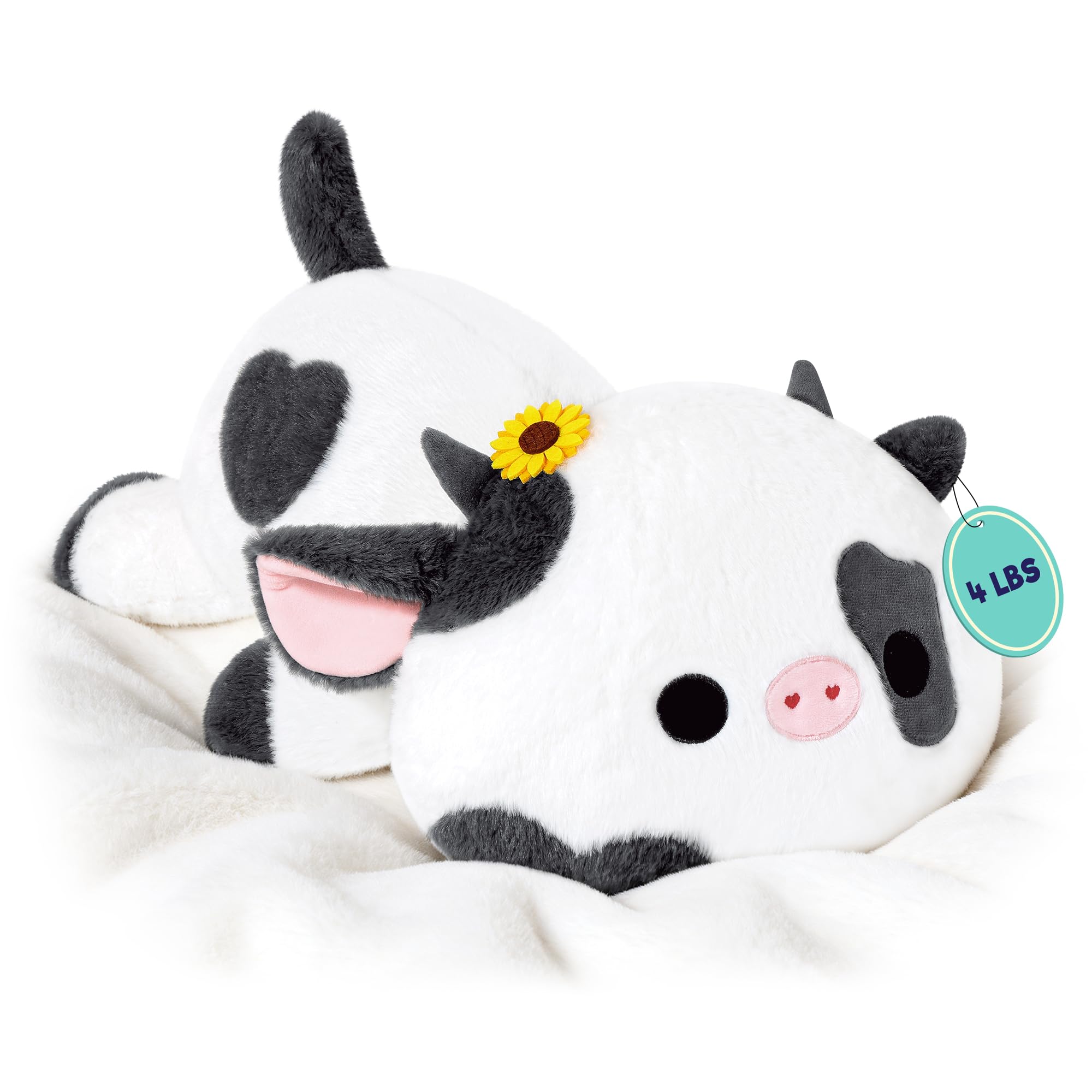 Onsoyours sunflower cow plush front view showing soft fur and cozy weight