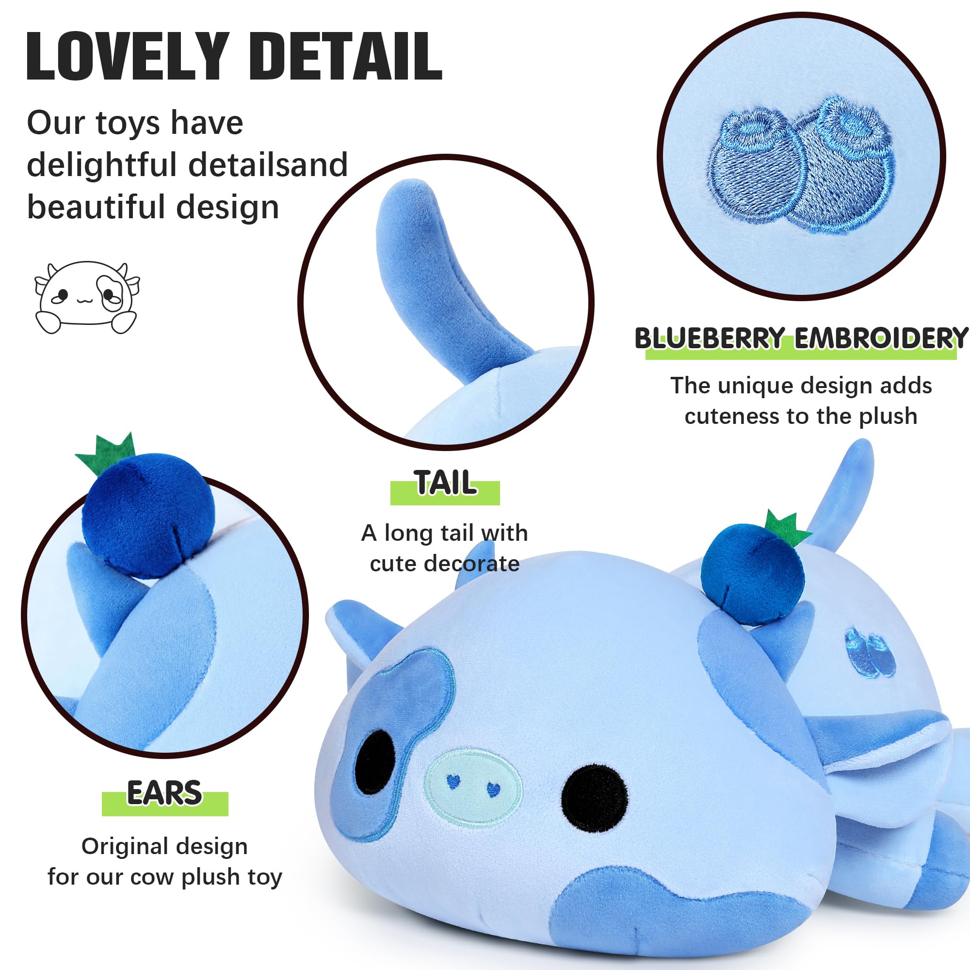 Onsoyours Cute Cow Plush Blueberry texture close-up, ultra-soft fabric feel