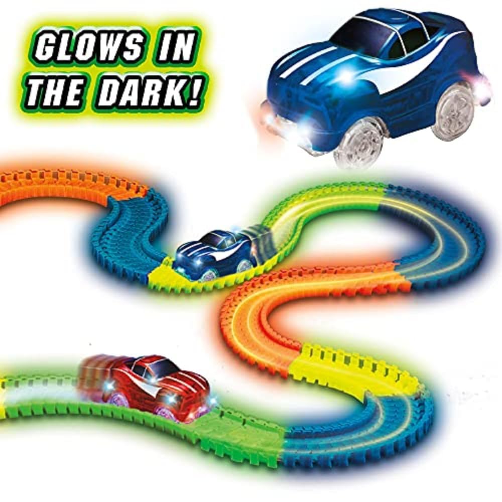Ontel Magic Tracks LED race car with bright lights for nighttime racing.