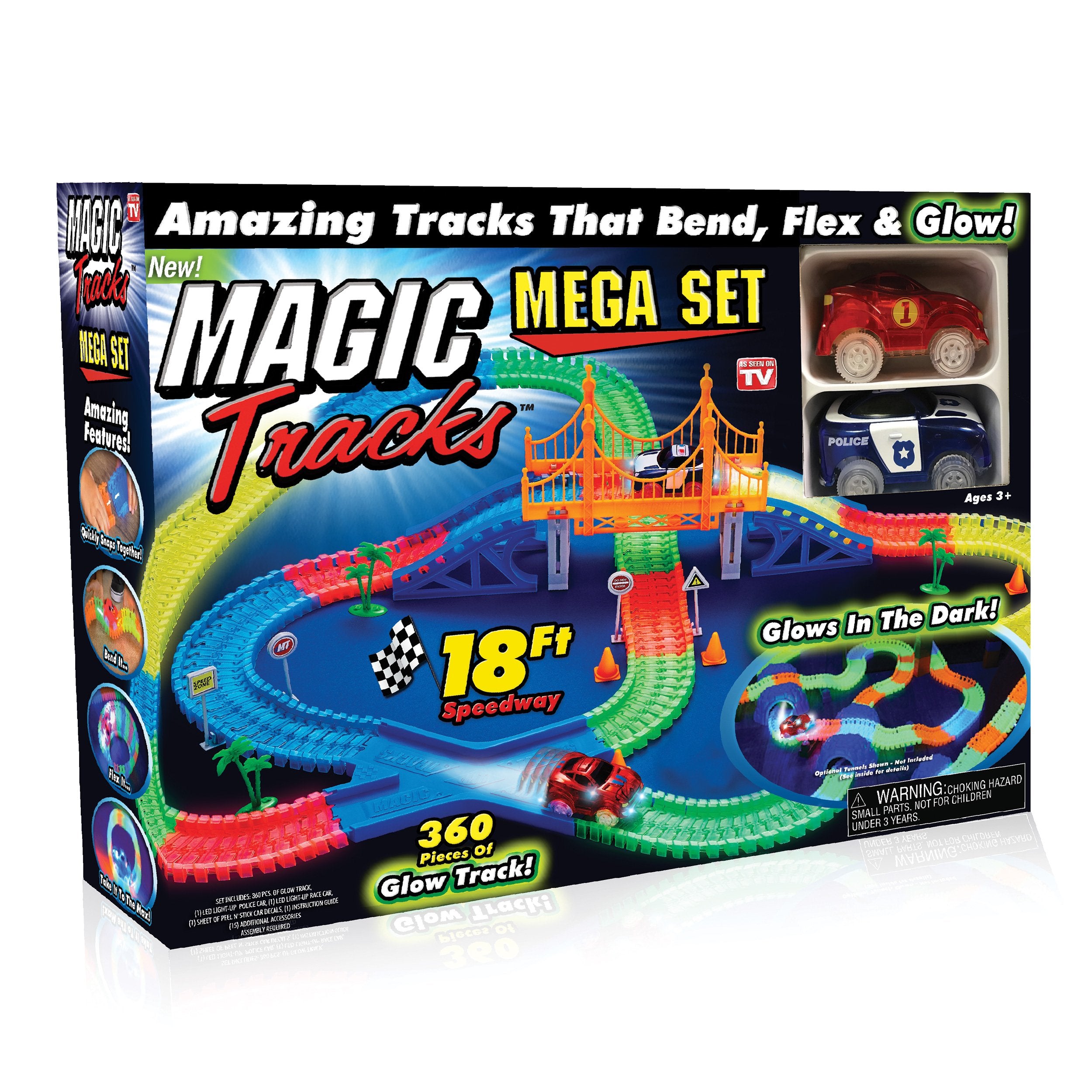 Ontel Magic Tracks Mega Set glow track for bendable night racing and creativity.