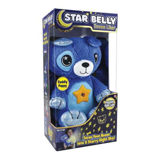 Ontel Star Belly Dream Lites blue puppy glows softly, creating a calming bedtime atmosphere.
