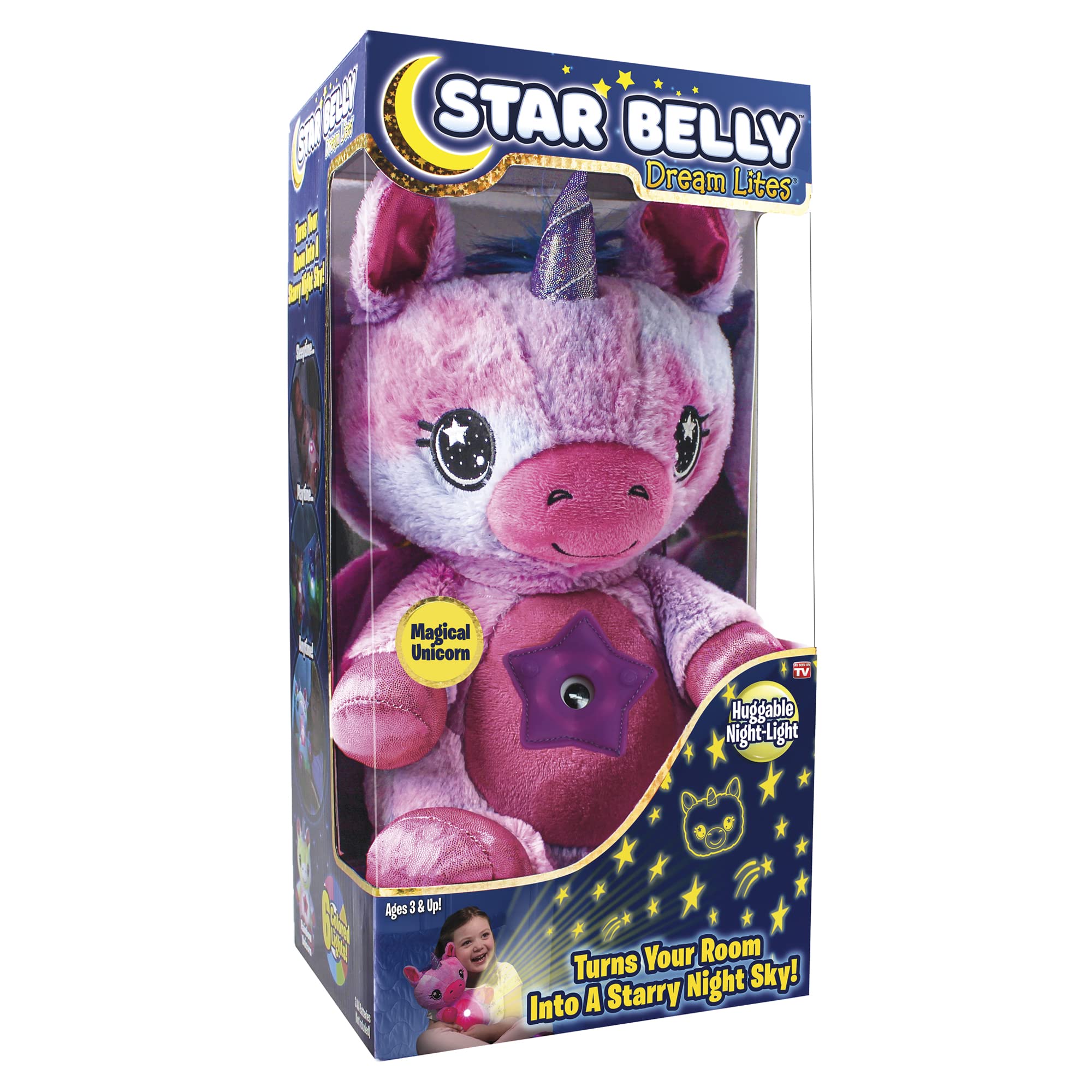 Ontel Star Belly Dream Lites Unicorn glows stars on ceiling for a soothing bedtime routine.
