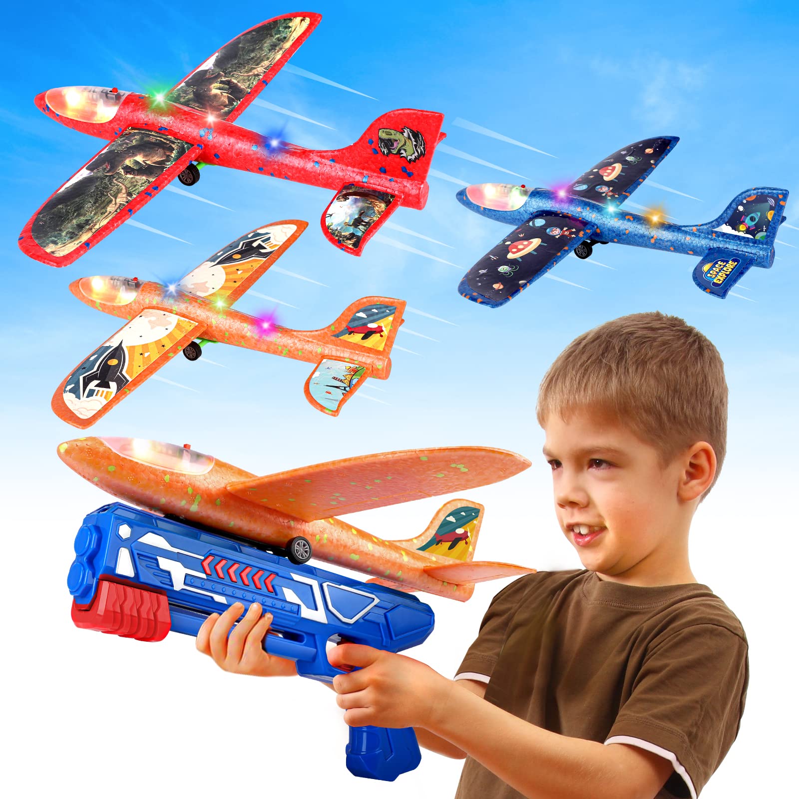 Onysurui foam airplane with LED lights for outdoor play and launches.