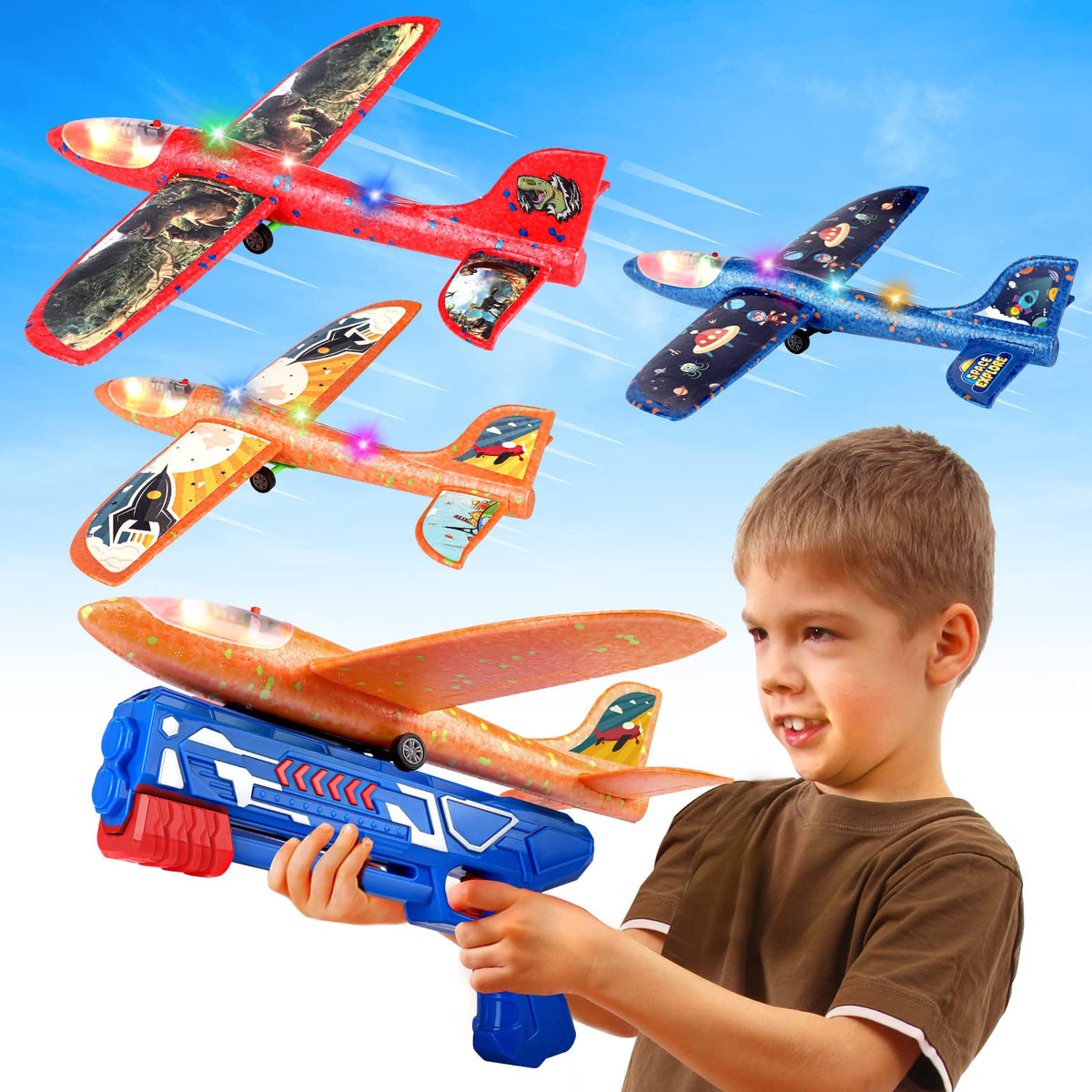 Onysurui foam airplane with LED lights for outdoor play and launches.