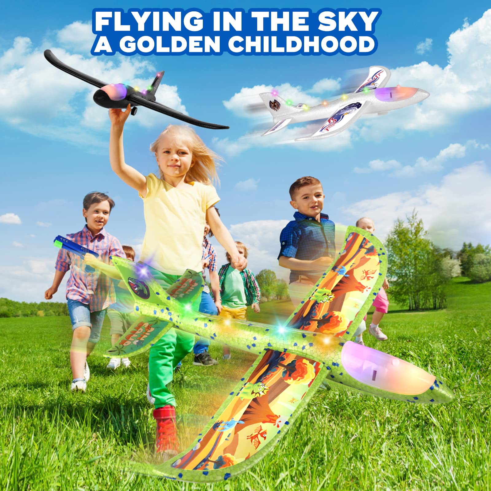 Onysurui LED foam airplanes light up for engaging daytime or dusk flights.