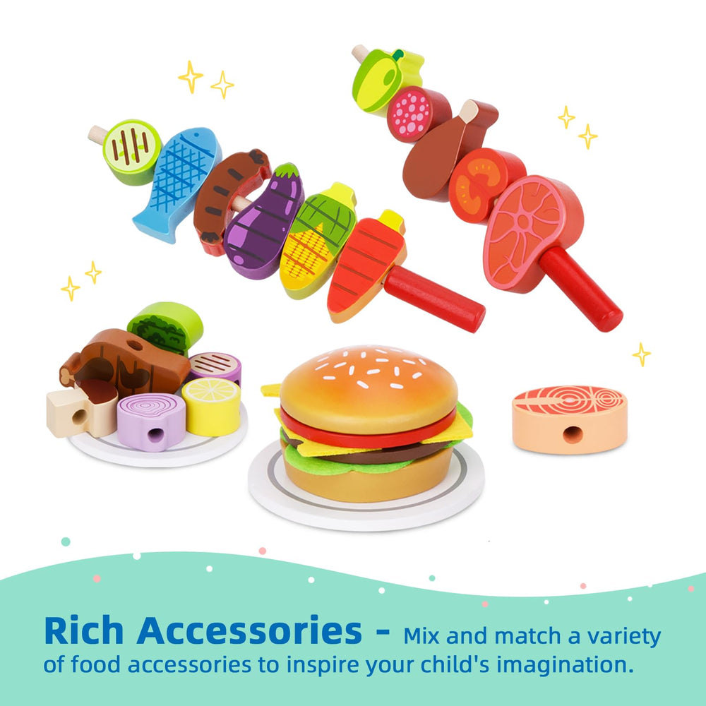 OOOK barbecue-tools-set helps kids practice pretend grilling with safe wooden utensils.