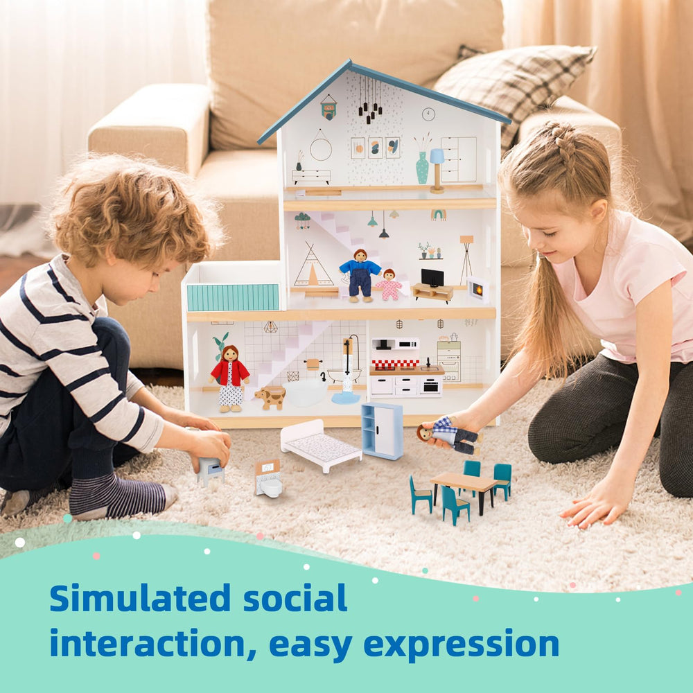 OOOK wooden dollhouse living room with open cabinets for pretend meals