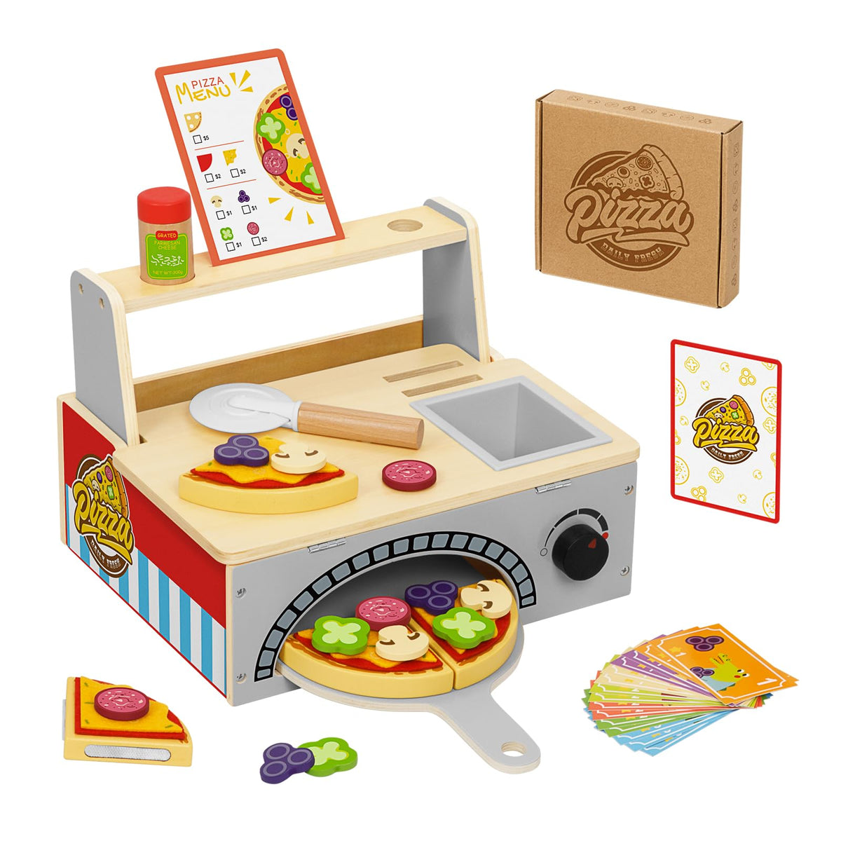 OOOK wooden pizza playset cover image highlights organized storage after playtime.