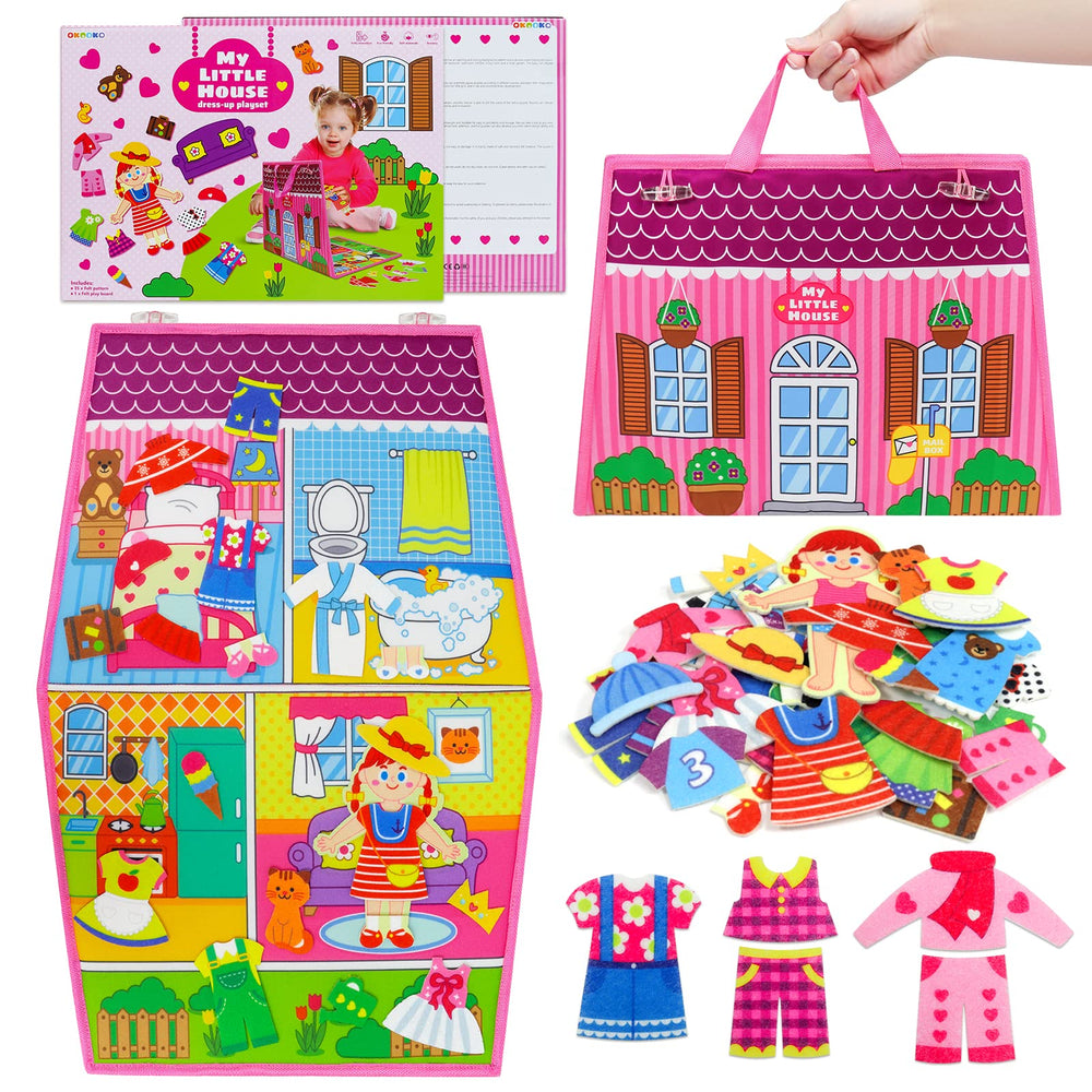 OKOOKO Dress Up House board front view, ideal for imaginative storytelling and role-play.