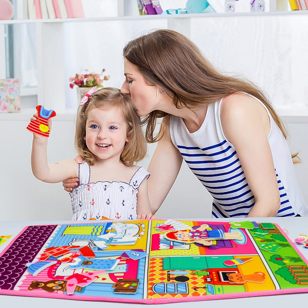 OKOOKO dress-up pieces with Velcro dots, reusable for endless dress-up combinations.