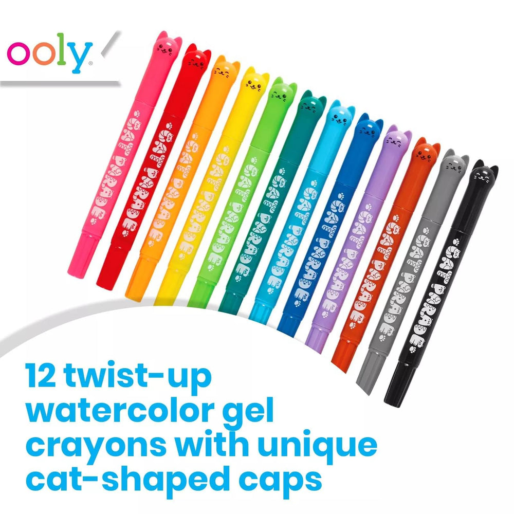 Ooly Cat Parade Gel Crayons with cat-shaped caps for twist-up use.