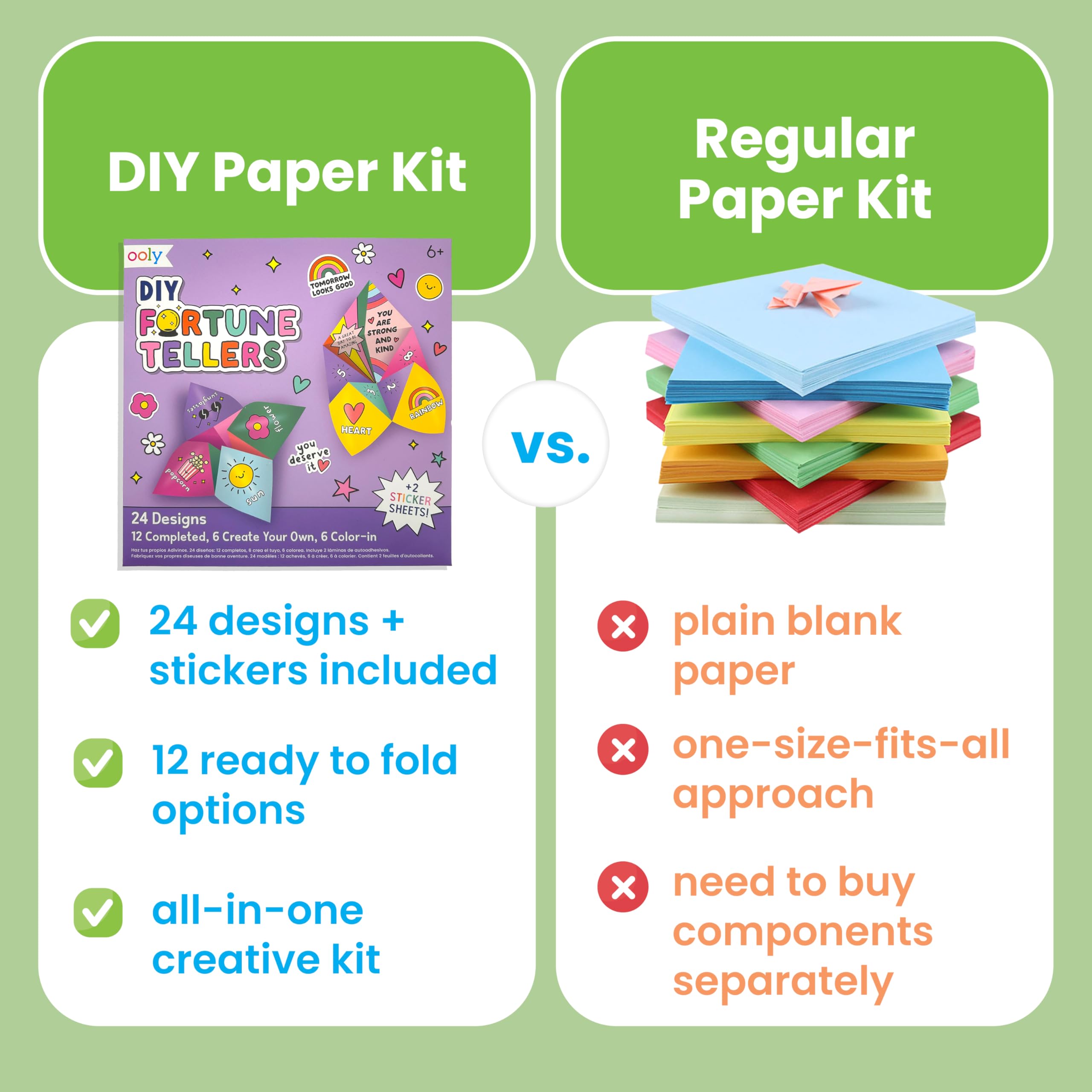 OOLY DIY Paper Kit with 12 predesigned fortune tellers for quick activities.