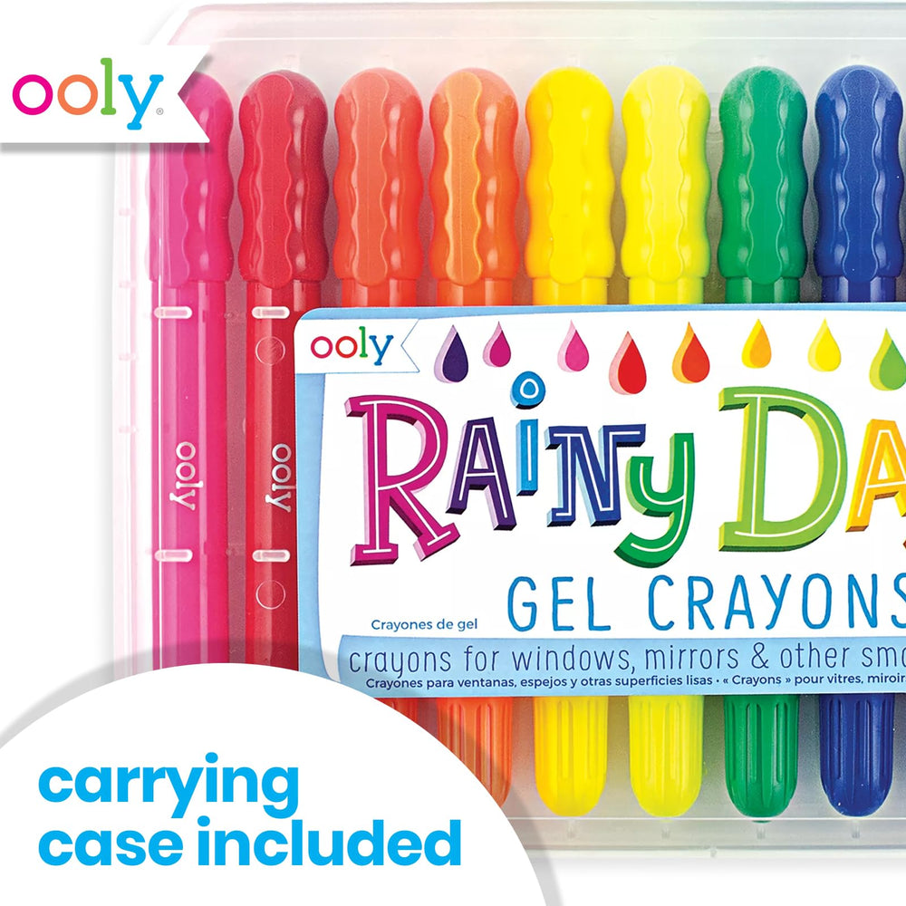 OOLY Rainy Dayz Gel Crayons come in a portable clear box.