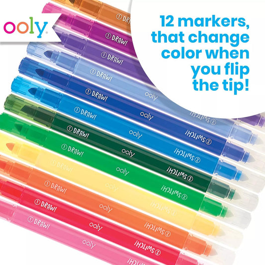 Ooly Switcheroo color-changing markers, side view, showing color change with white cap for fun effects.