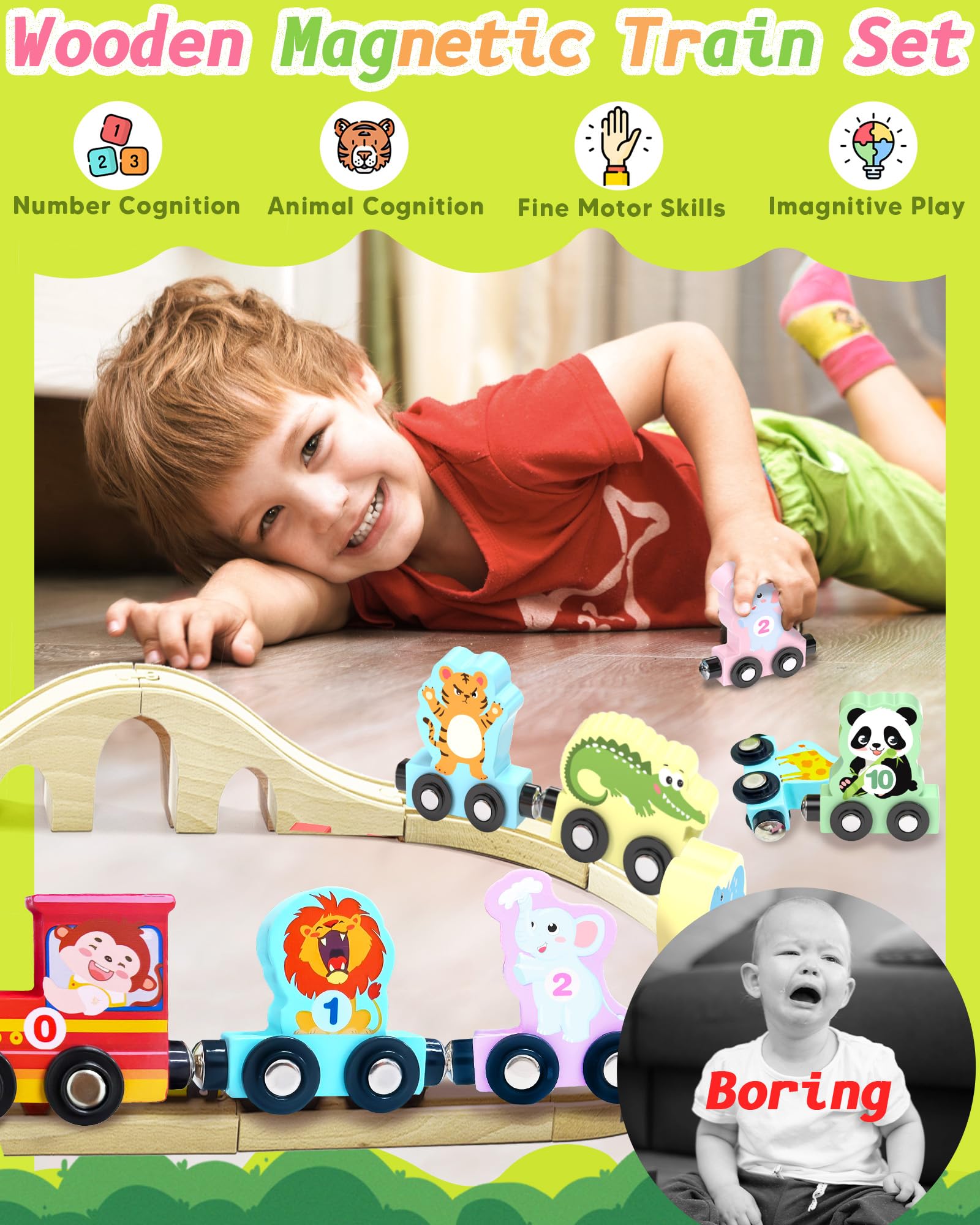 Oomloid animal train cars numbered 0-10 support counting and imaginative play.