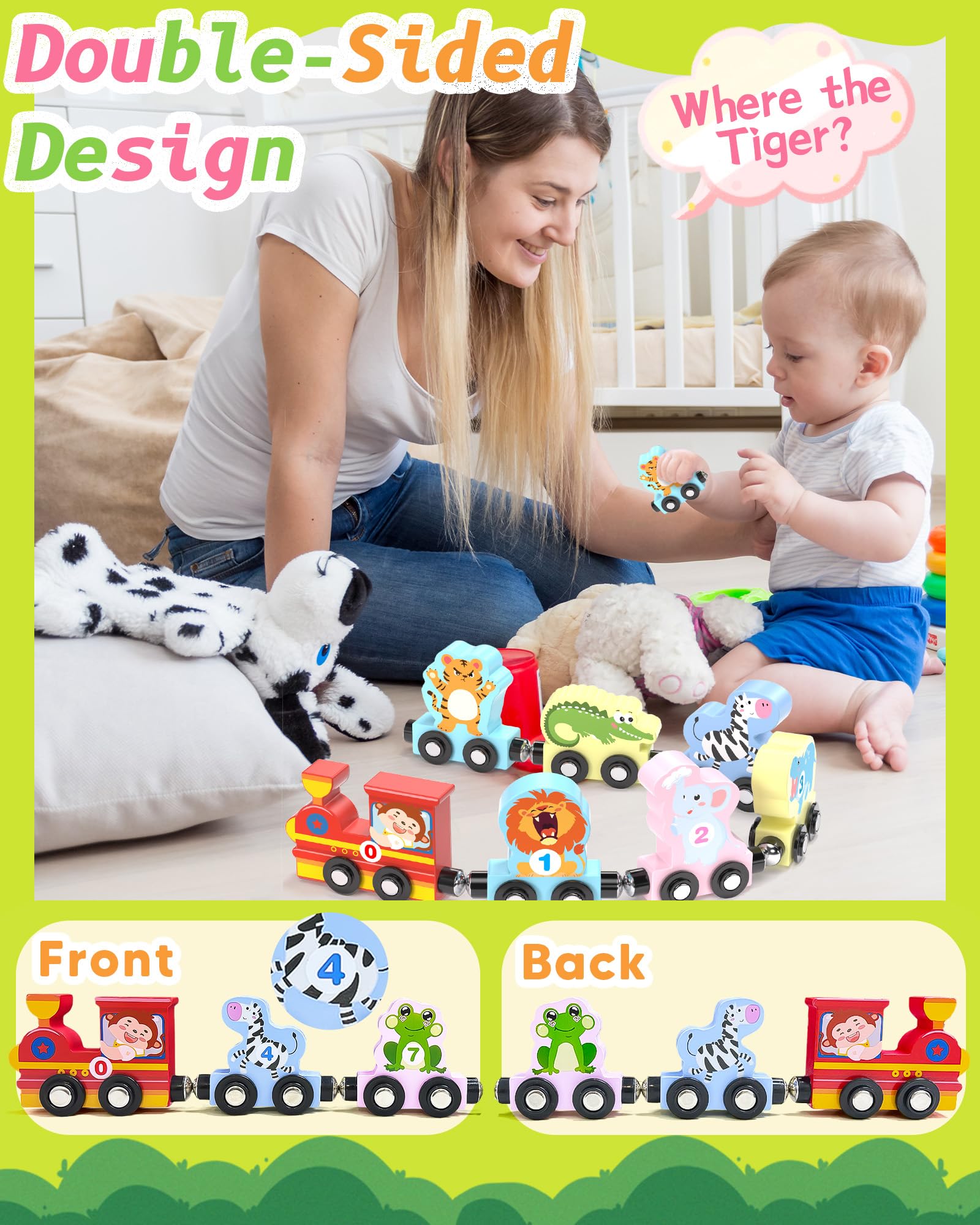 Oomloid chunky wooden pieces invite easy grasping and fine motor practice.