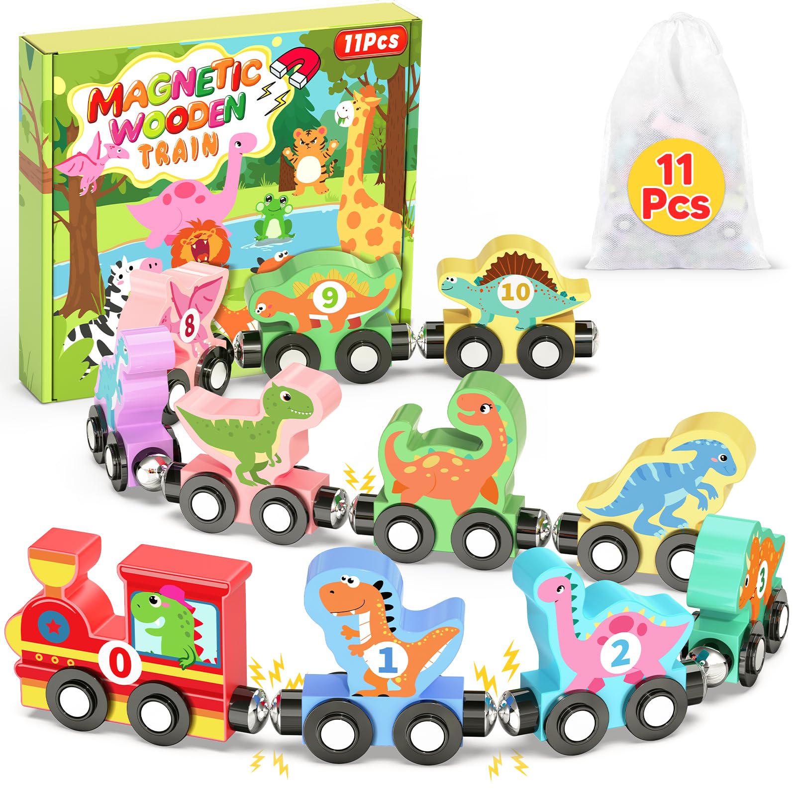 Oomloid dinosaur train engine demonstrating magnetic linkage for engaging play.