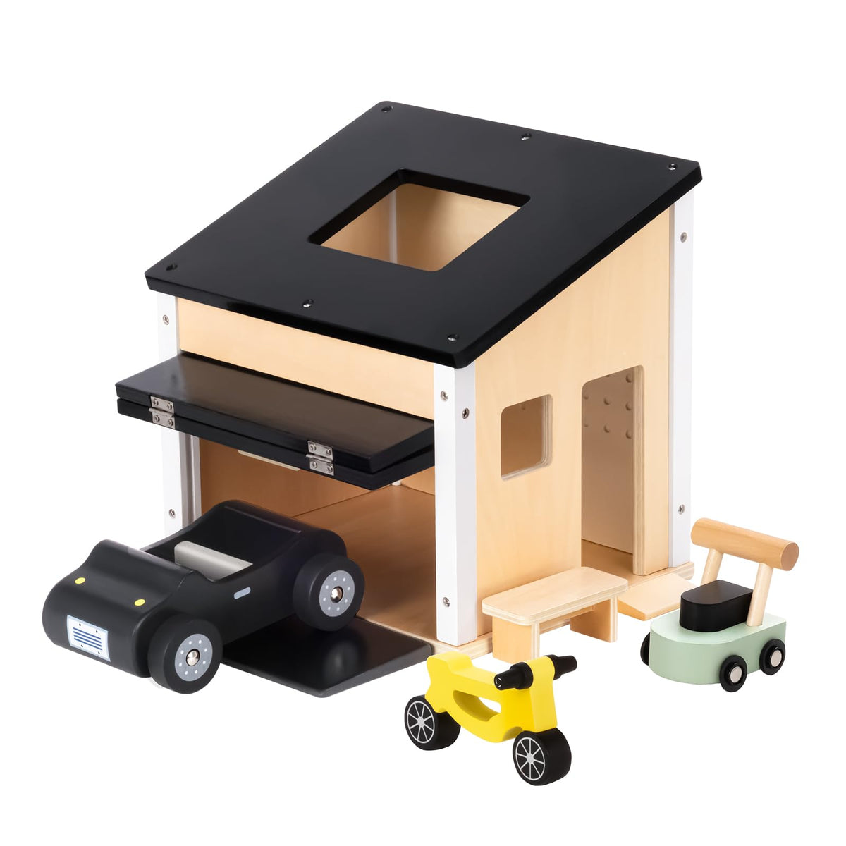 OOOK wooden dollhouse garage with workbench for imaginative playtime