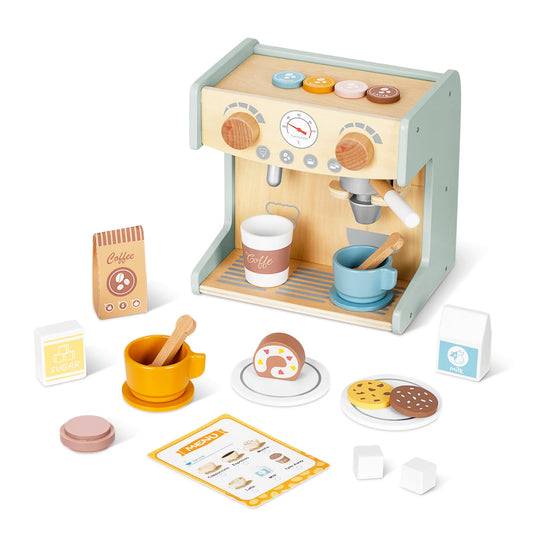 OOOK coffee maker wooden front view encourages imaginative play and storytelling