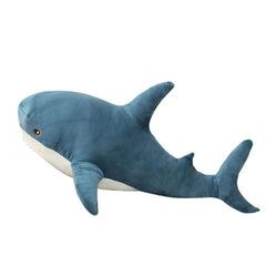 OPHRBU blue shark plush 24in, cozy cuddle pillow for kids' rooms.