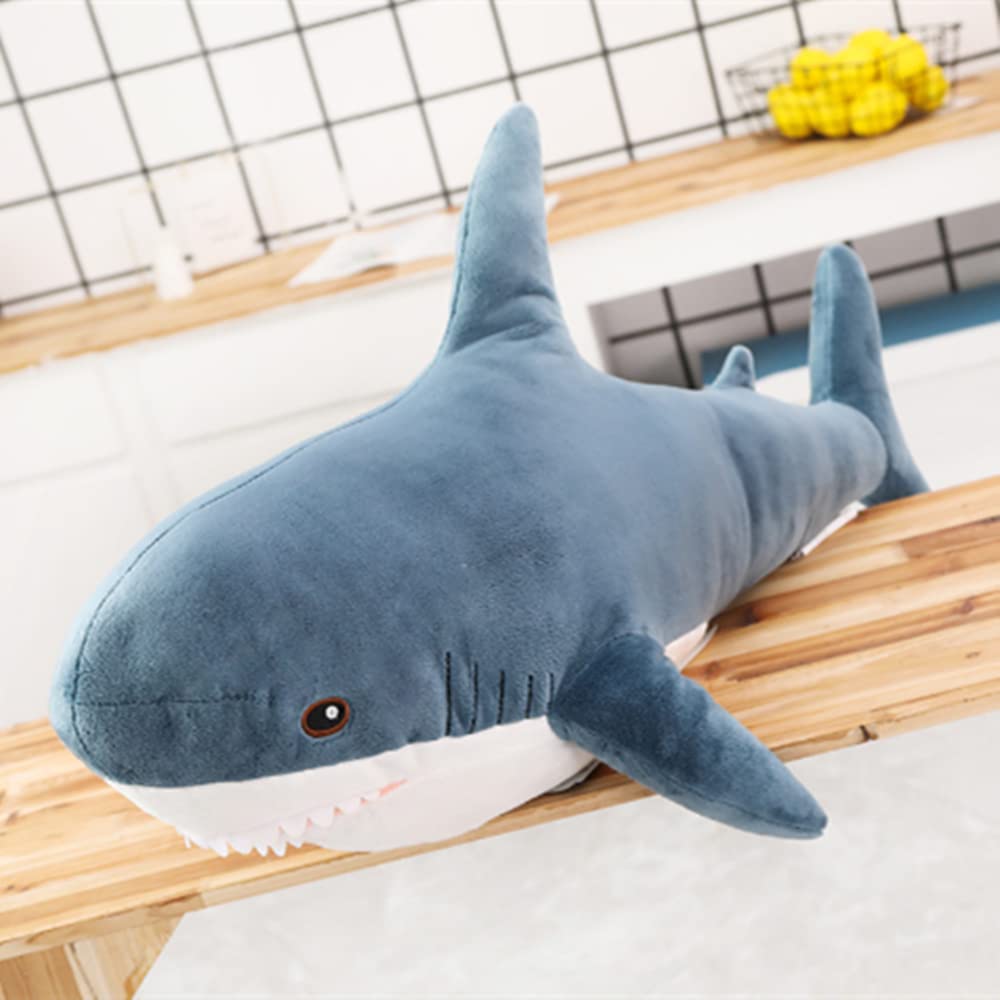 OPHRBU blue shark plush front close-up, soft PP cotton feel.