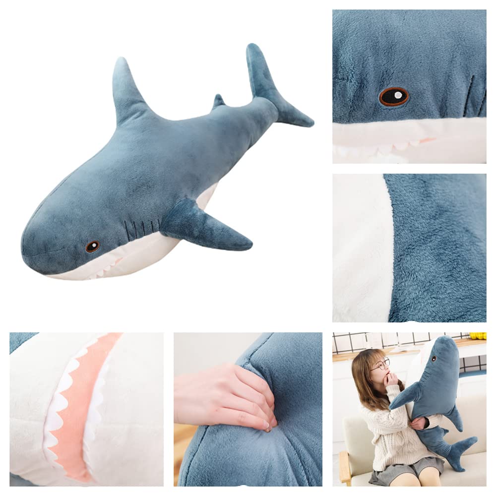 OPHRBU blue shark plush side view, large decorative piece for home decor.