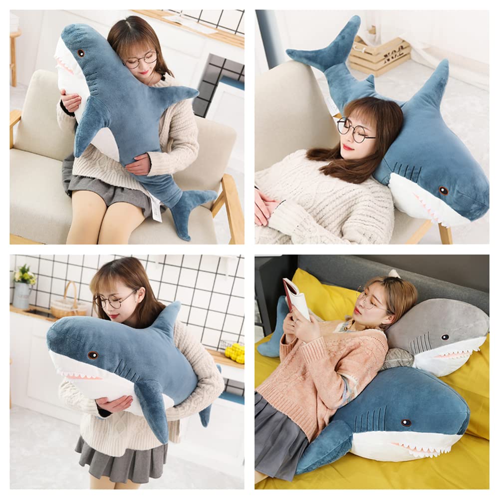 OPHRBU large blue shark plush on sofa, kid-friendly gift idea.