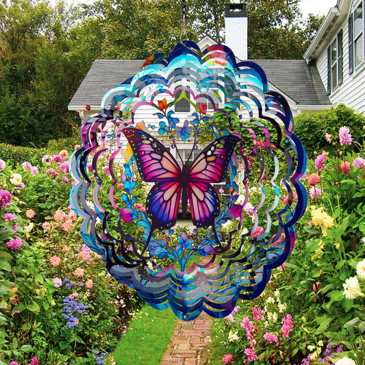 Opjoy butterfly wind spinner enhances garden decor with vibrant movement in sunlight.