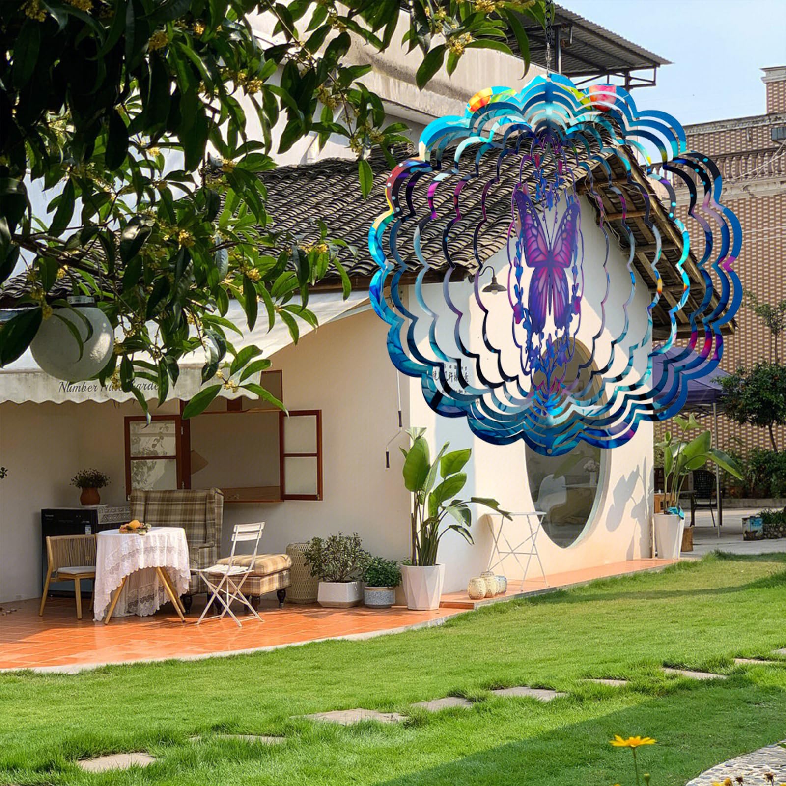 Opjoy epoxy-coated butterfly wind spinner resists rust with sparkling finish.