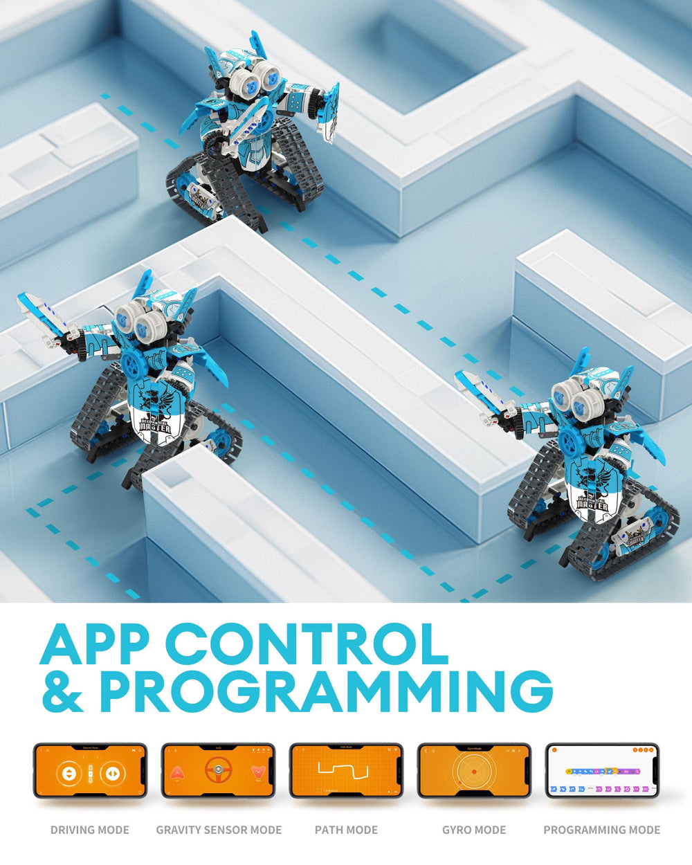 Opmind 5-in-1 RC robot kit remote control enables smooth movement indoors.