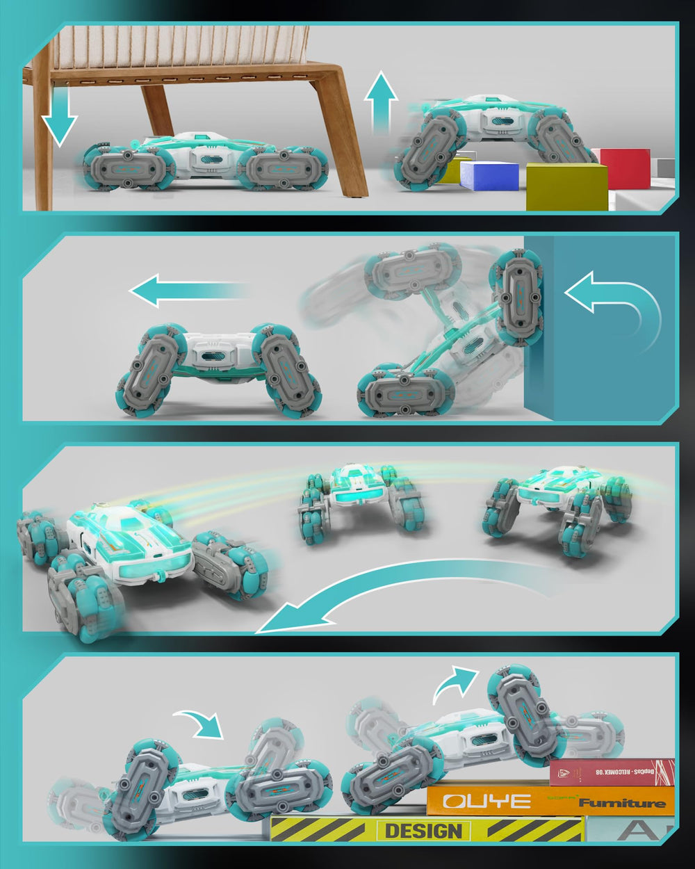 Detachable tracks on the Opmind 8WD RC Car for improved grip on slopes