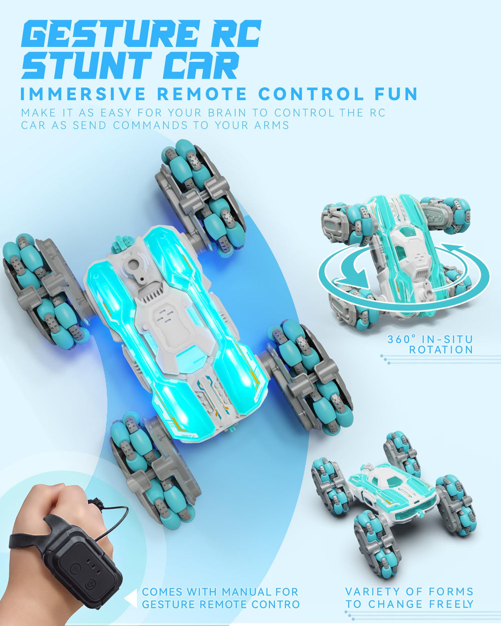 Blue green LED lights on the Opmind RC Car for sci fi vibes