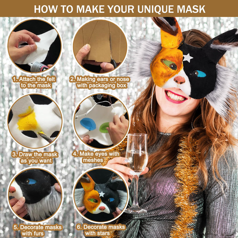 Twelve eye meshes and felt sheets enable adjustable eye areas.