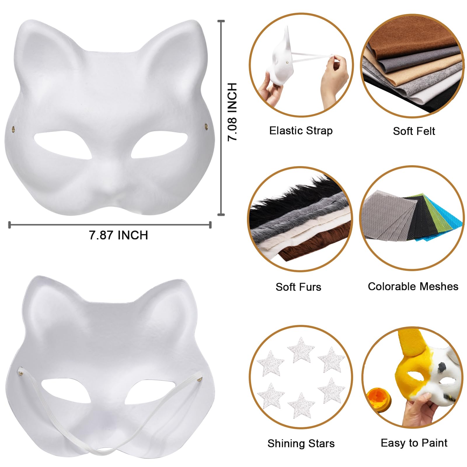 Six blank masks and faux fur strips for diverse mask designs.