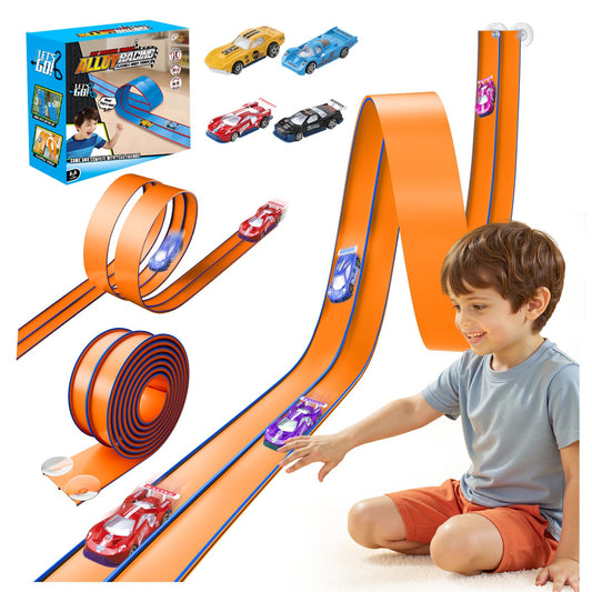 Oppvoci 15ft flexible track setup showing dual lanes for shared racing fun