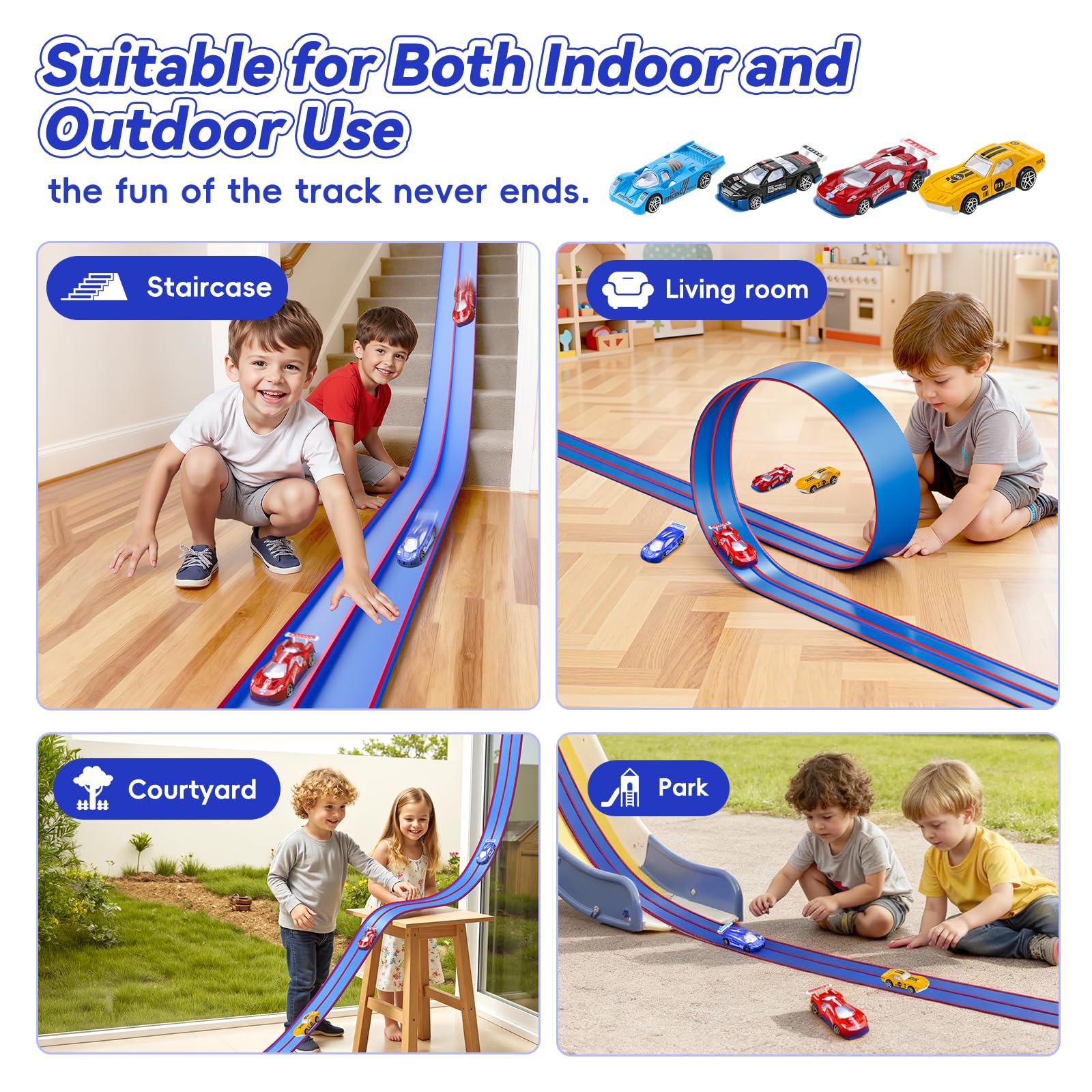 Oppvoci suction cups secure the track to smooth surfaces during play