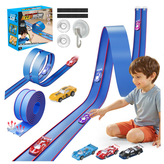 Oppvoci upgrade flex track blue dual-lane setup for quick home races