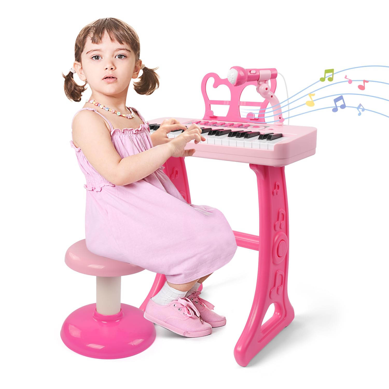 Oprala piano toy with stool providing comfortable seating for hands-on exploration.