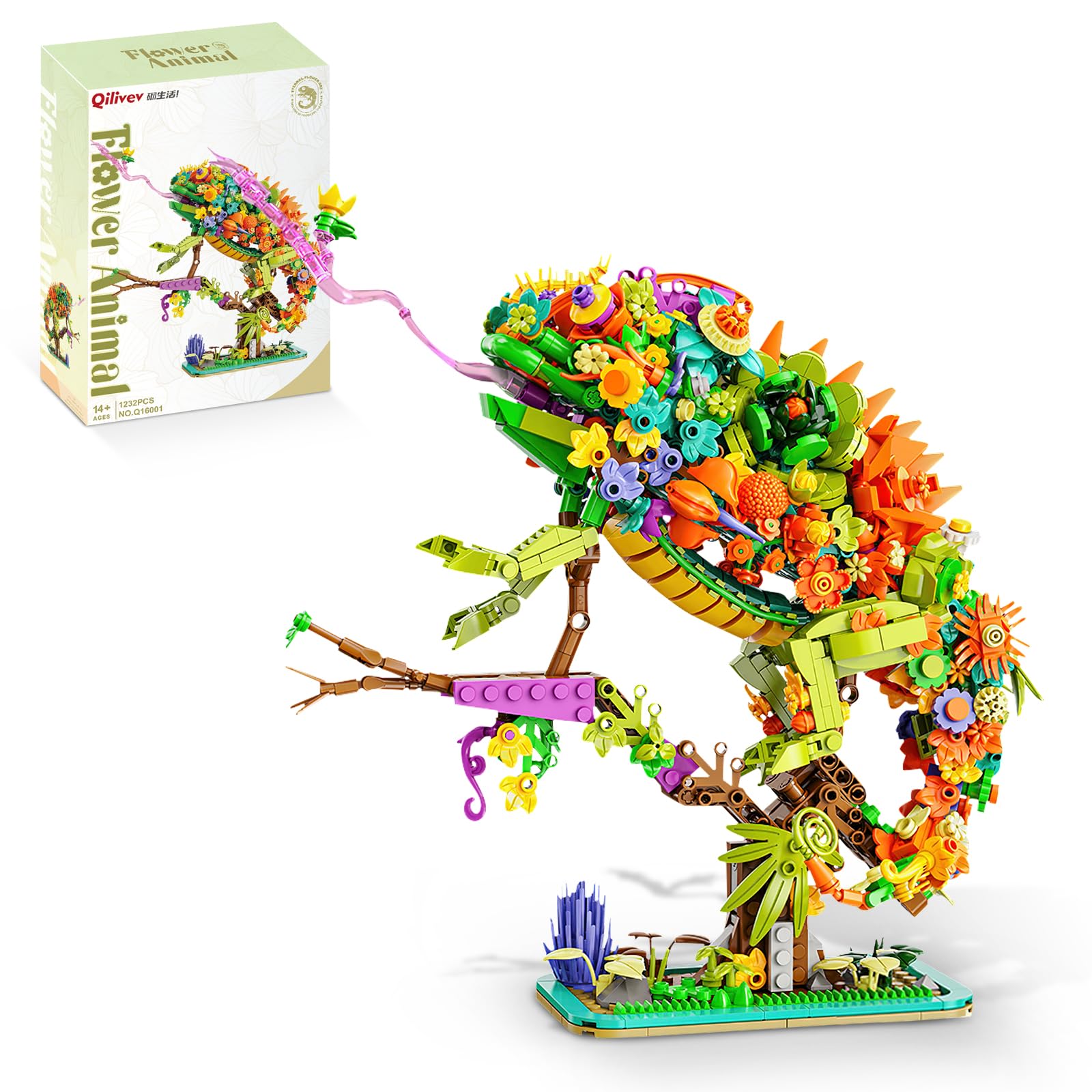 OQMI chameleon building set front view with flowers, ideal decorative piece for home or office.