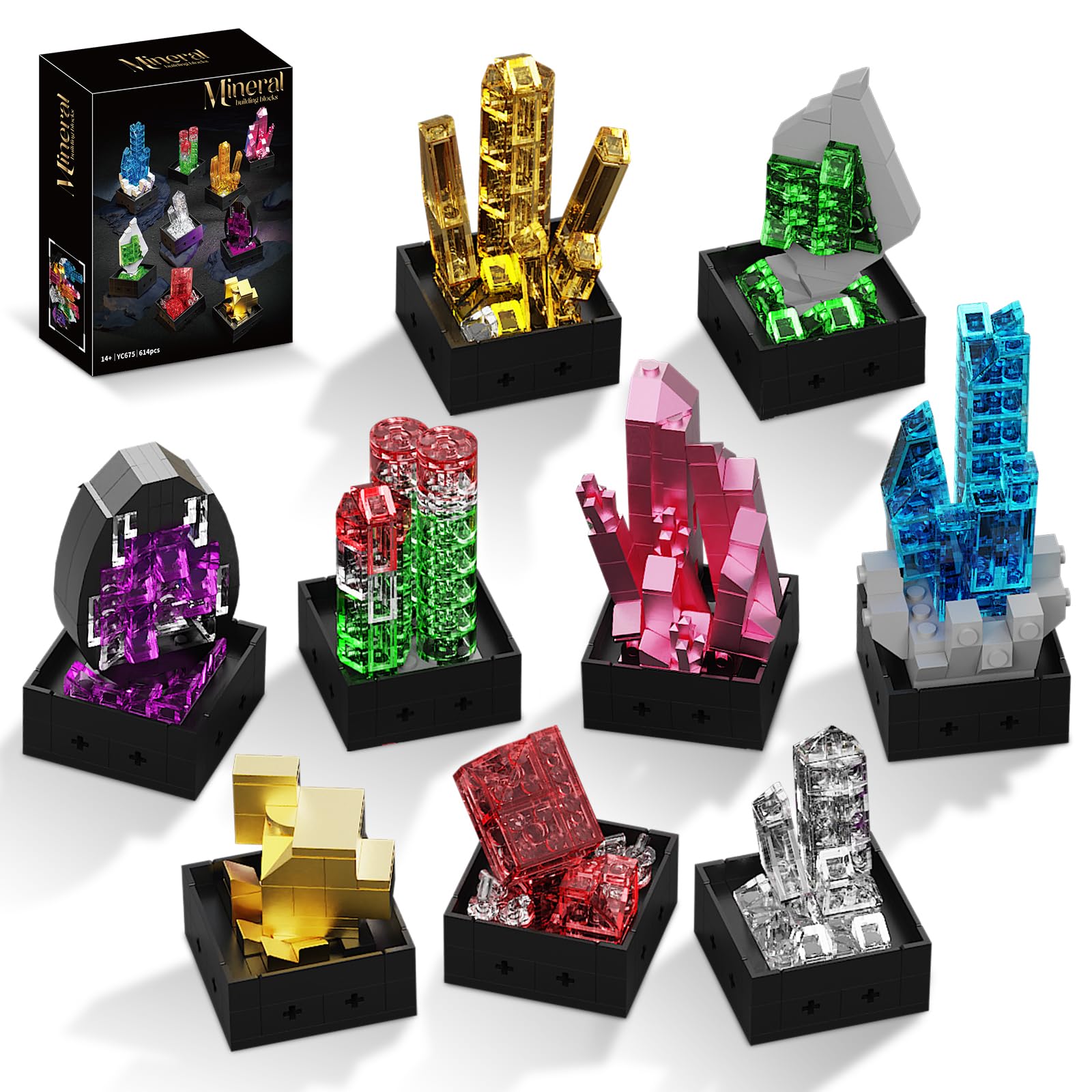 OQMI Mineral Building Block Set with 9 gemstone models on desk for display.