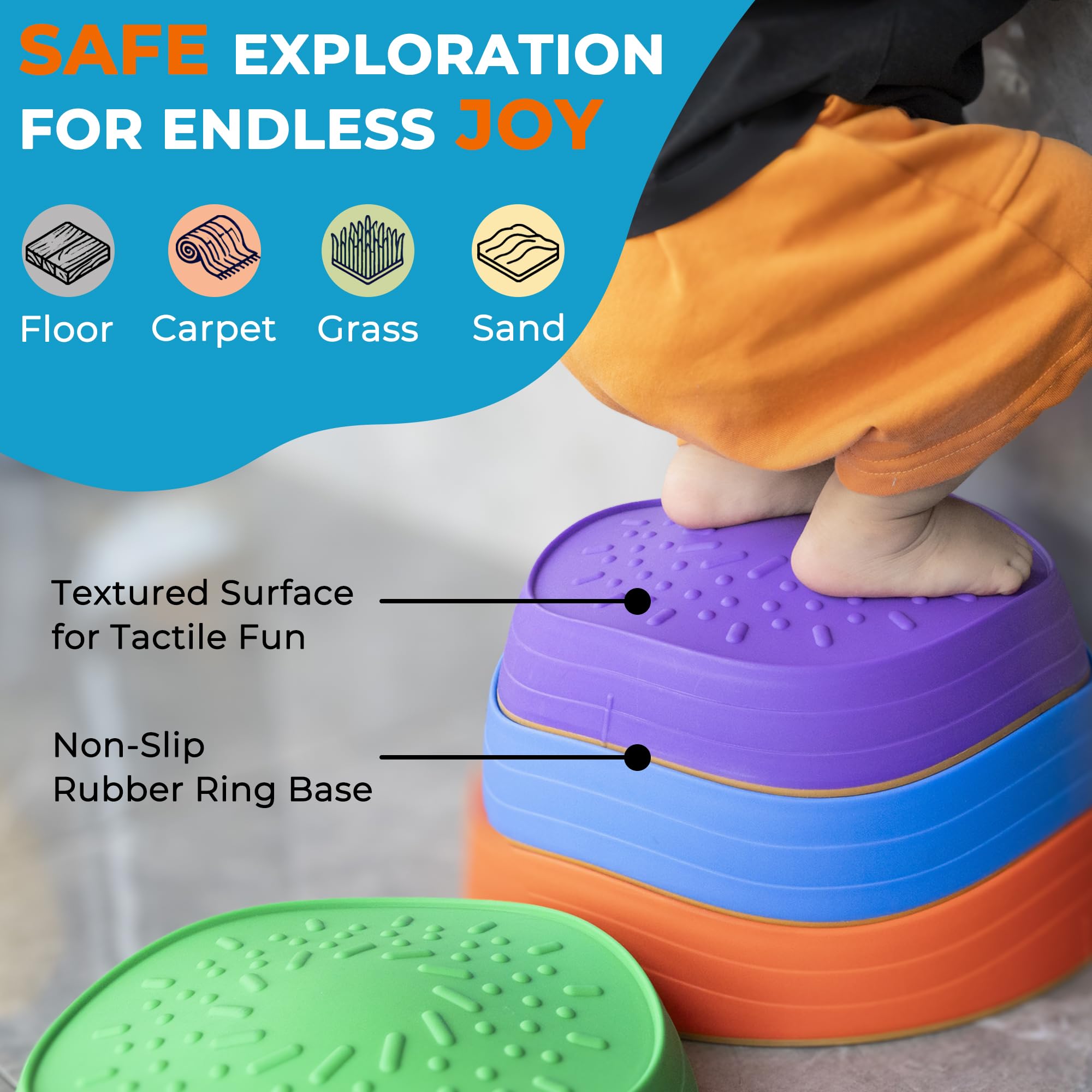 Oranmew stepping stones with textured non-slip surface for safe indoor use on hardwood and carpet.