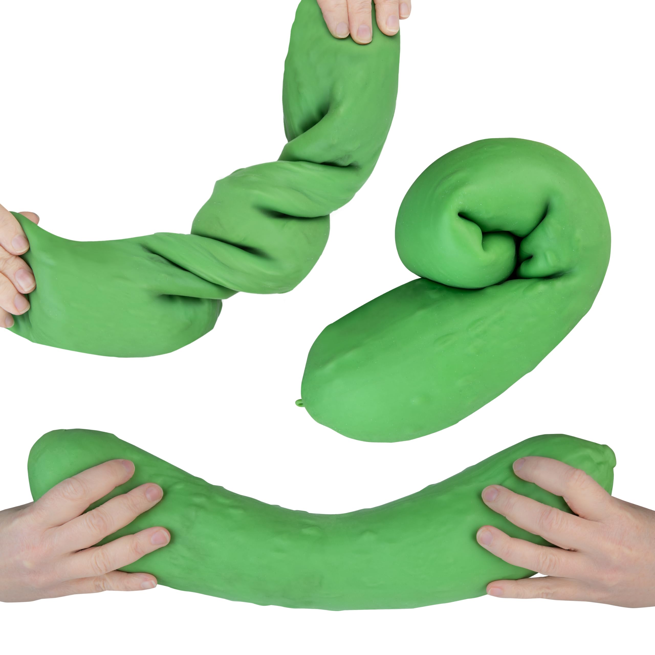 ORB Easy Sqweezy Giant Stretchy Pickle in hand for stress relief and focus.