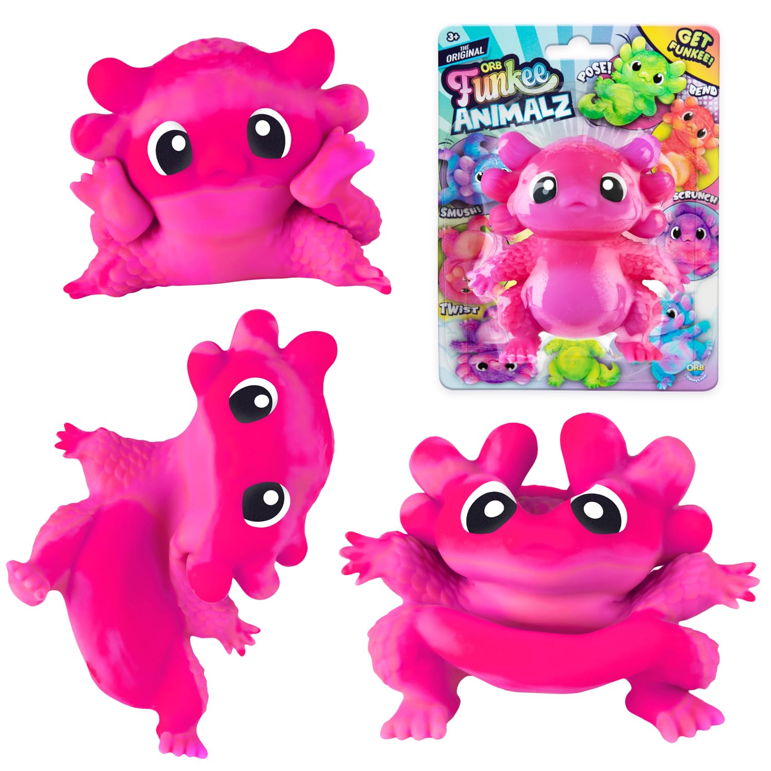 Orb Funkee Animalz Mega Axolotl pink-grape front view, ideal fidget toy for stress relief.