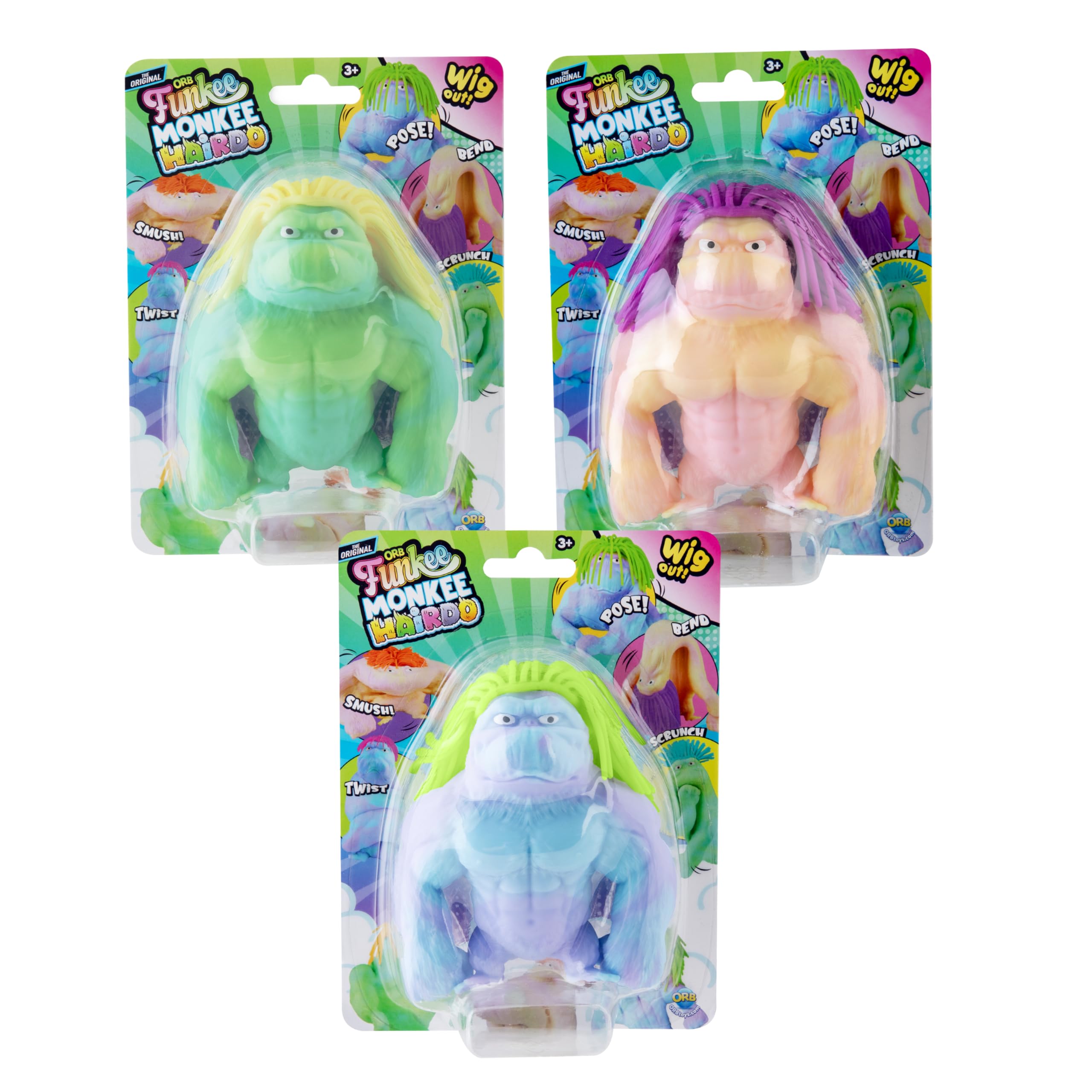 Orb Factory Funkee Monkee Mega Long Hairdo blue/purple with green hair for playful posing.