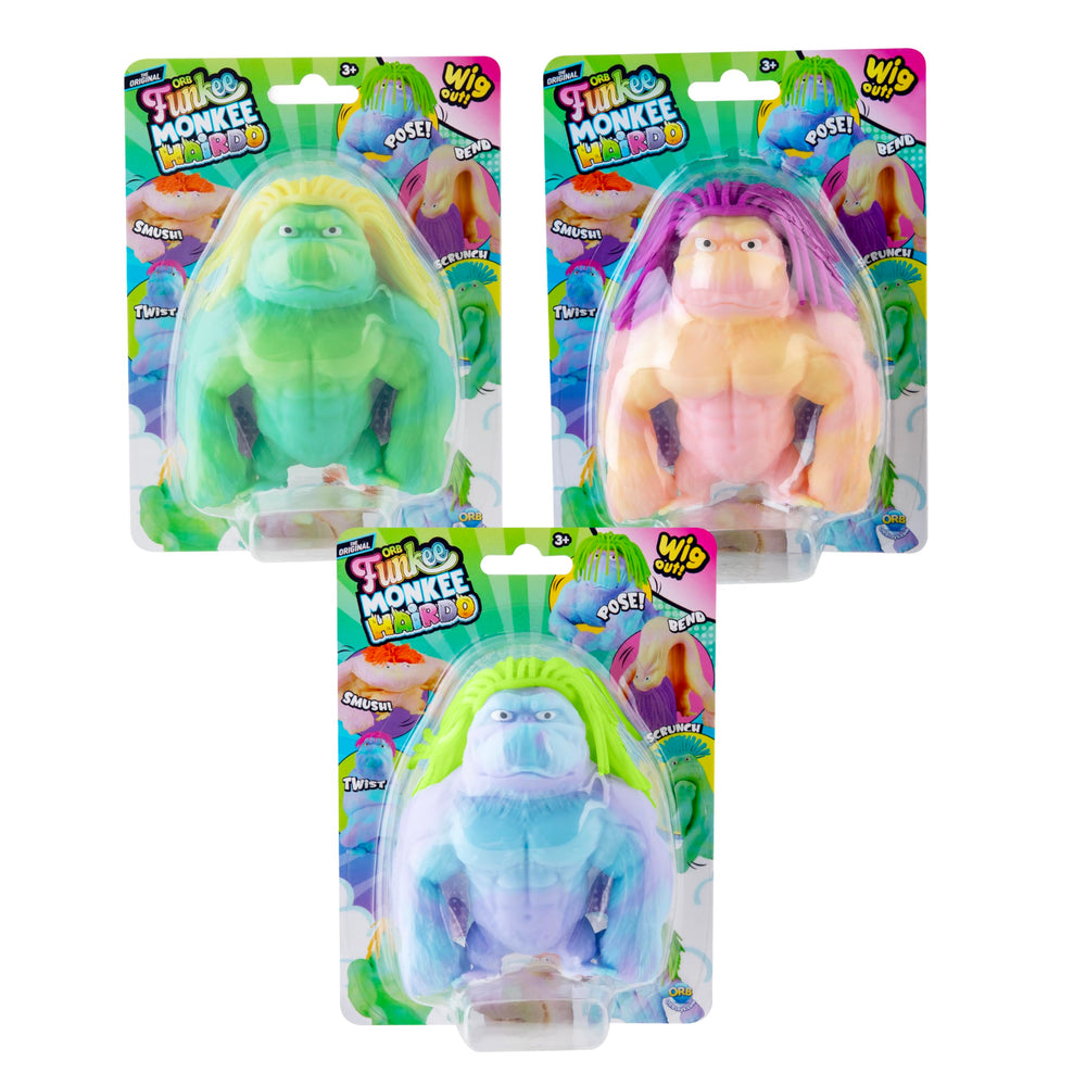 Orb Factory Funkee Monkee Mega Long Hairdo blue/purple with green hair for playful posing.