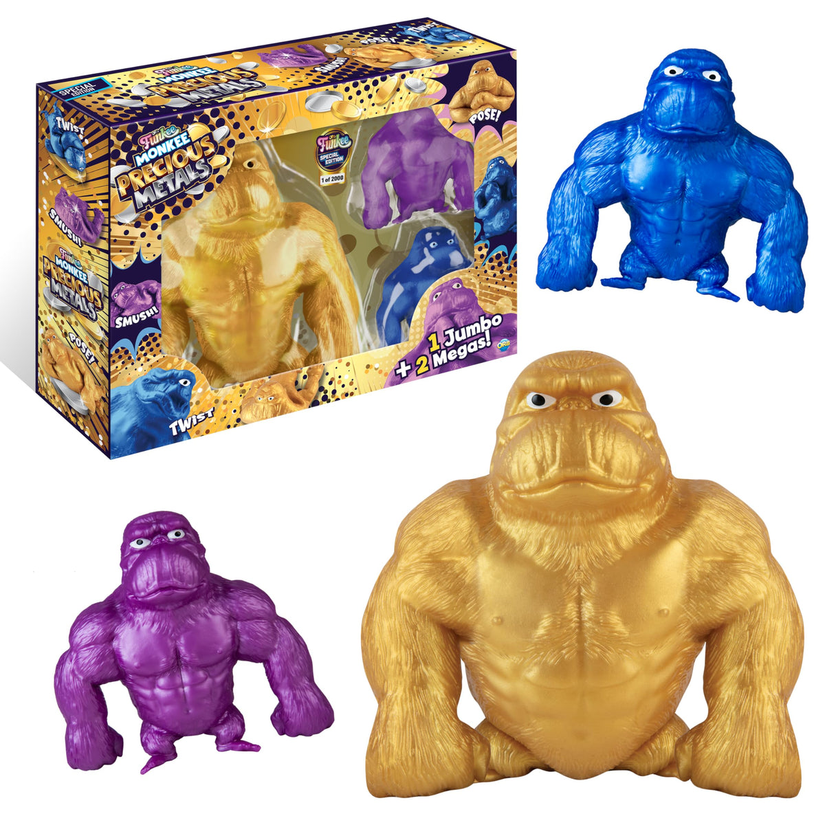 The Orb Factory Funkee Monkee Metallic 3 Pack shows jumbo golden monkey ready for stretch and pose fun.