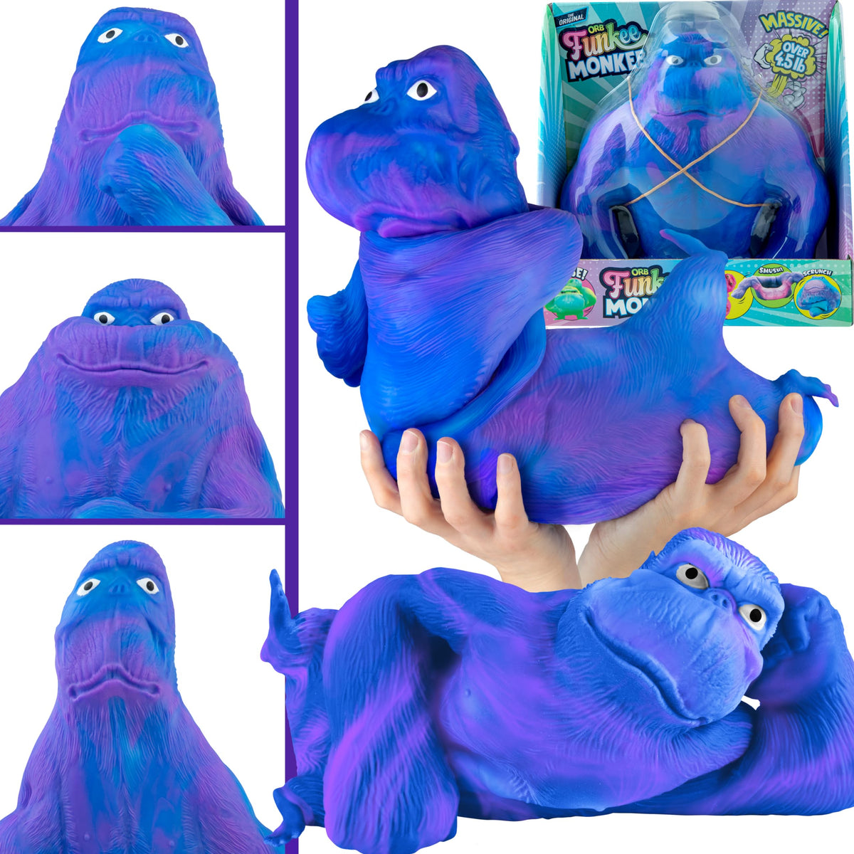 The Orb Factory Funkee Monkee Jumbo in blue-purple tie-dye skin for sensory play.